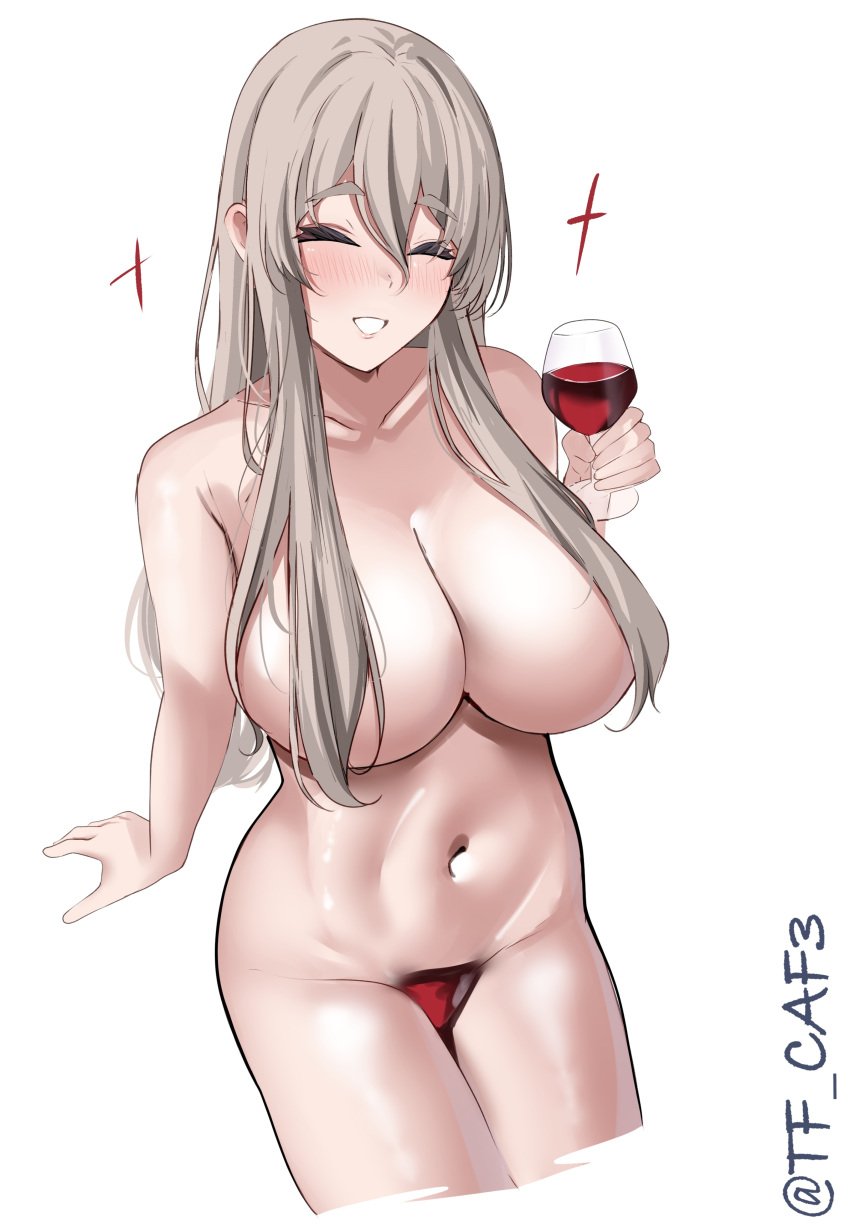 absurdres alcohol blush breasts closed_eyes covered_nipples cup drinking_glass drunk female grey_hair hair_between_eyes highres kantai_collection large_breasts long_hair looking_at_viewer nude one-hour_drawing_challenge open_mouth pola_(kancolle) simple_background sitting smile solo sparkle tf_cafe thick_eyebrows twitter_username wakamezake wavy_hair white_background wine