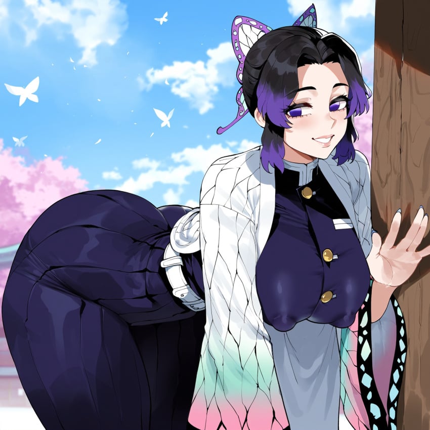 1girls ai_generated ass bent_over black_hair covered_nipples creamy_ai curvy demon_slayer demon_slayer_uniform huge_ass kimetsu_no_yaiba kochou_shinobu large_breasts multicolored_hair purple_eyes purple_hair solo thiccwithaq_(ai_style) thick_thighs wide_hips