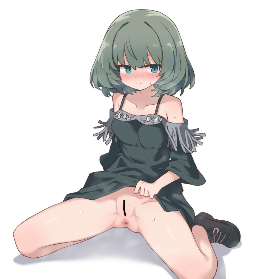 anus aqua_eyes bar_censor bare_shoulders black_dress black_footwear blush censored closed_mouth dress female green_hair highres idolmaster idolmaster_cinderella_girls idolmaster_cinderella_girls_starlight_stage looking_to_the_side medium_hair off-shoulder_dress off_shoulder shoes simple_background sitting solo sweat takagaki_kaede user_zawh4338 white_background