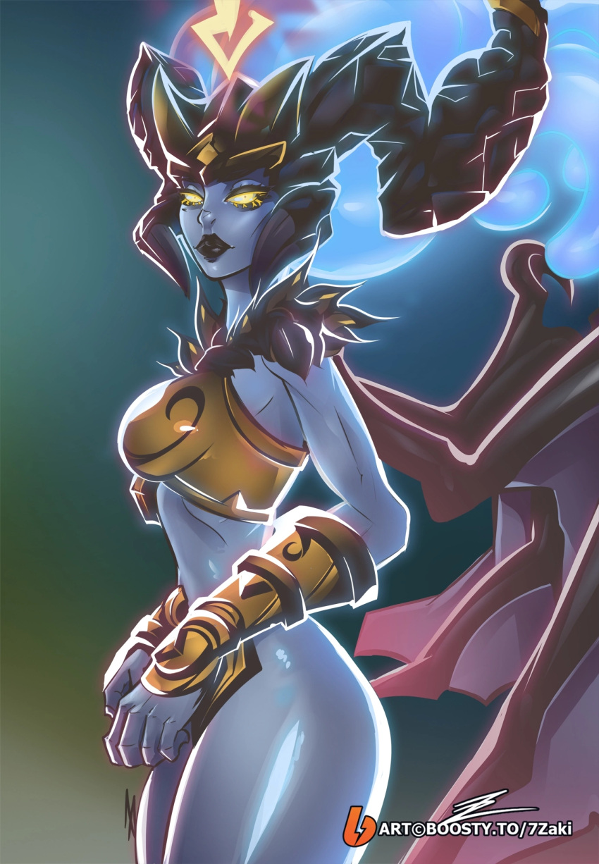 1girls 7zaki blue_skin dragon_girl female fit fit_female league_of_legends lipstick monster_girl shyvana solo wings yellow_eyes