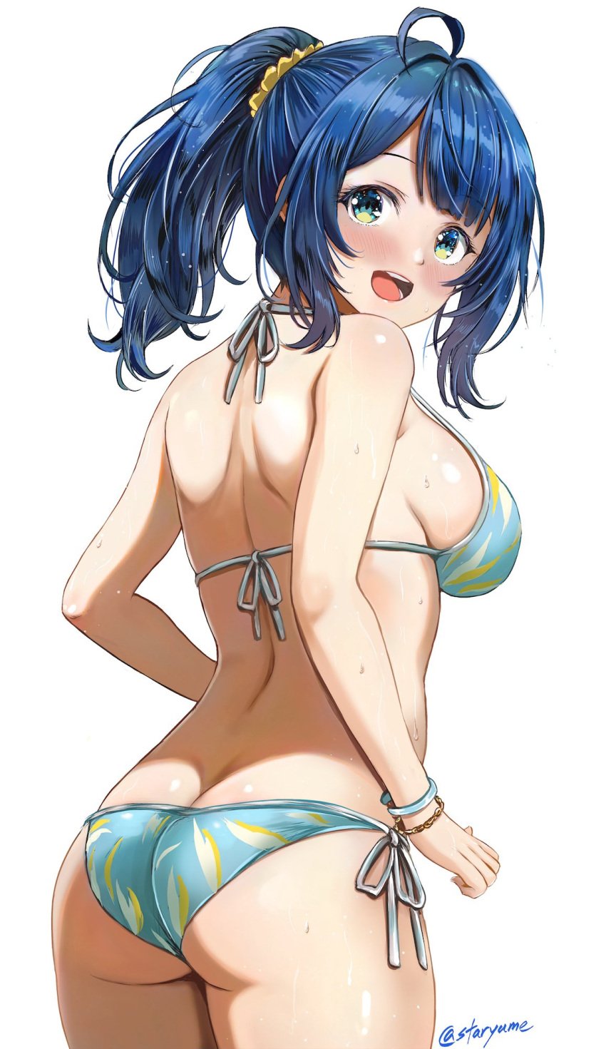 ahoge ass ass_focus back back_view bare_arms bare_back bare_belly bare_legs bare_shoulders bare_thighs big_breasts bikini blue_bikini blue_hair blush body_blush bracelet breasts butt_crack hair_ornament halterneck make_heroine_ga_oo_sugiru! open_mouth ponytail shiny_skin side-tie_bikini_bottom sideboob smile staryume string_bikini thighs yanami_anna