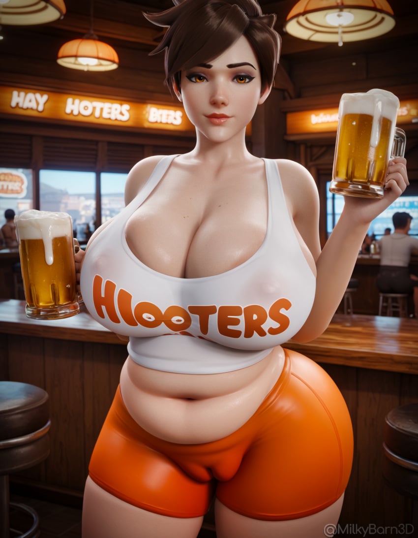 ai_generated beer belly big_breasts crop_top hooters milkybarn3d overwatch overwatch_2 plump puffy_pussy tracer