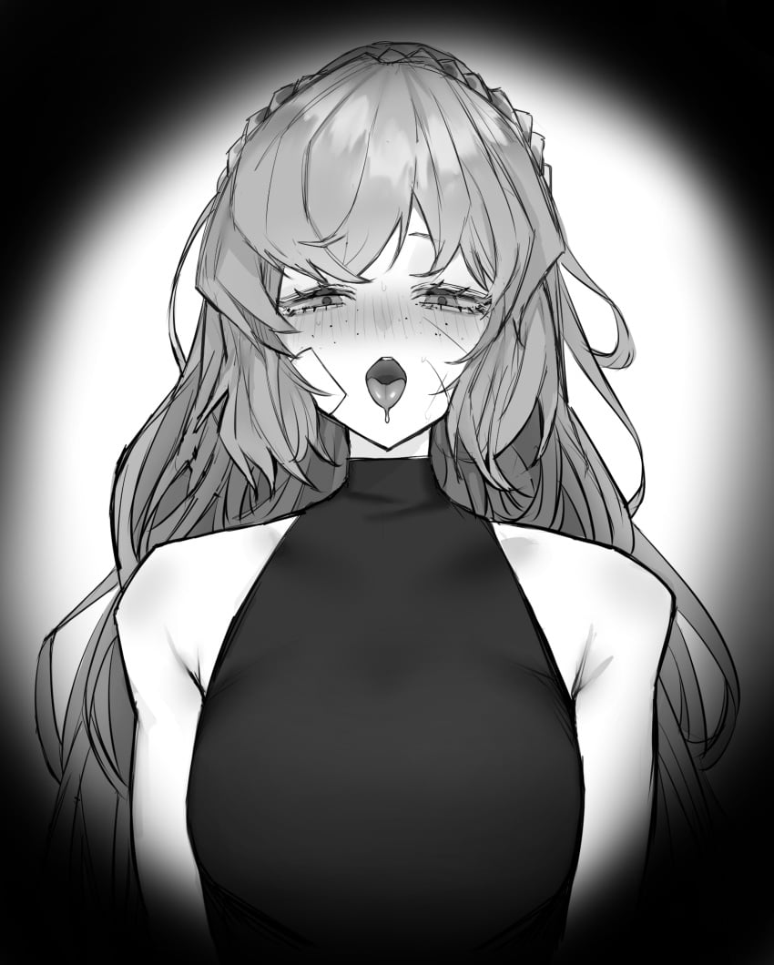 1girls bandage big_breasts black_and_grey blush ishmael_(limbus_company) limbus_company long_hair looking_at_viewer noroma_u noroma_u open_mouth project_moon scar shoulderless_shirt tongue_out