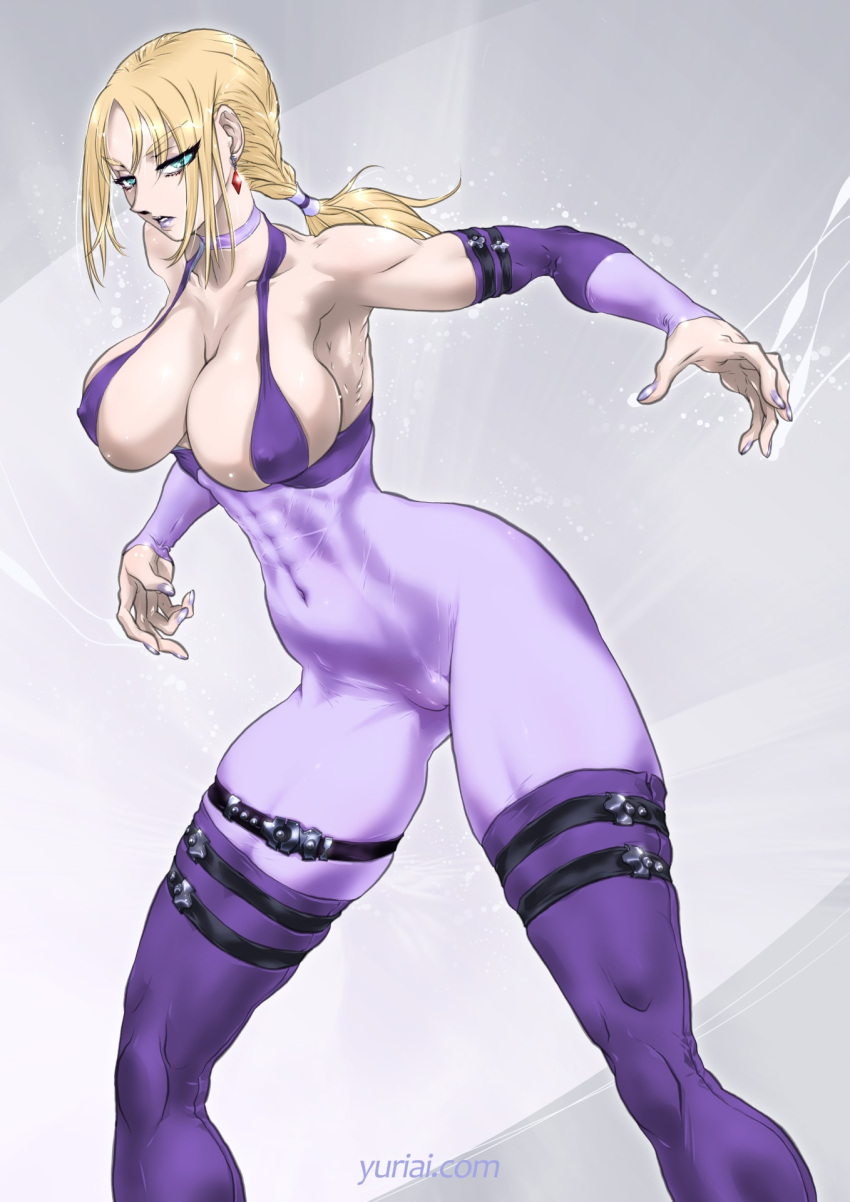 1girls 2018 abs_visible_through_clothing aqua_eyes arm_sleeves big_breasts blonde_hair bodysuit choker earrings female female_only hi_res long_hair looking_at_viewer narrowed_eyes nina_williams ponytail purple_lipstick solo tekken tekken_3 thick_thighs thigh_strap yuri-ai