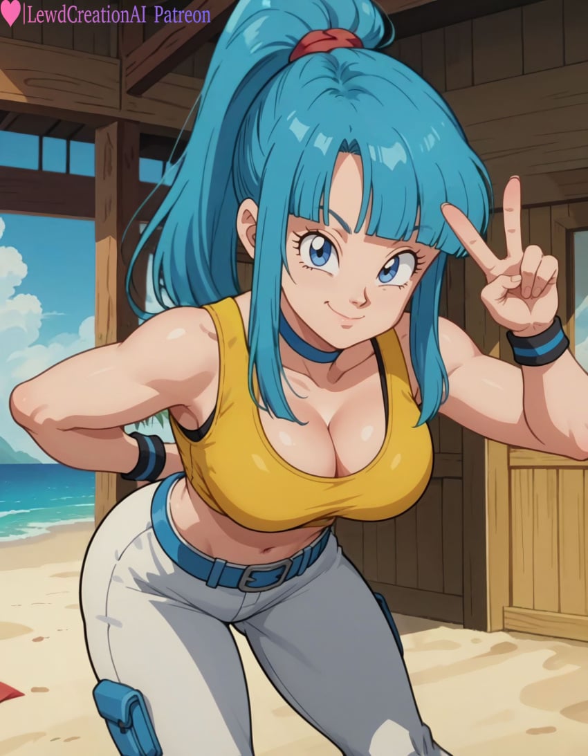 1girls absurd_res ai_generated arms_behind_back beach bent_over big_breasts blue_eyes blue_hair blush blush_lines blushing_at_viewer breasts choker cleavage cowboy_shot curvy curvy_figure dragon_ball dragon_ball_z female high_resolution highres house large_breasts leaning_forward lewdcreationsai looking_at_viewer maron outdoors pants peace_sign ponytail sexually_suggestive smile solo solo_female solo_focus sports_bra sports_uniform sportswear tagme thick thick_legs thick_thighs thighs