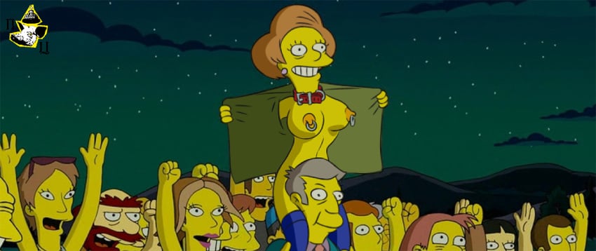 breasts color edna_krabappel female human male multiple_females multiple_males night nipples outdoors pig_tsar shoulder_ride tagme the_simpsons