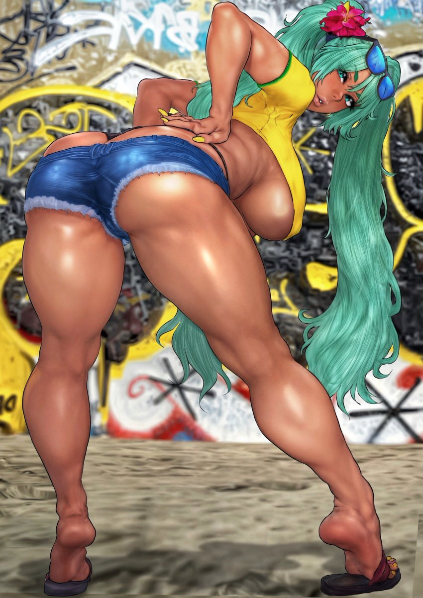 ass b_0_rukia bending_over bent_over bikini bikini_bottom brazil brazilian brazilian_female brazilian_miku bubble_butt butt_crack crop_top cyan_eyes cyan_hair daisy_dukes female female_focus female_only flip_flops flower_in_hair full_body hatsune_miku long_fingernails looking_at_viewer looking_back nail_polish sandals skimpy skimpy_clothes sunglasses_on_head t-shirt tagme tan_body tan_skin thong thong_bikini turquoise_eyes turquoise_hair underboob underwear vocaloid