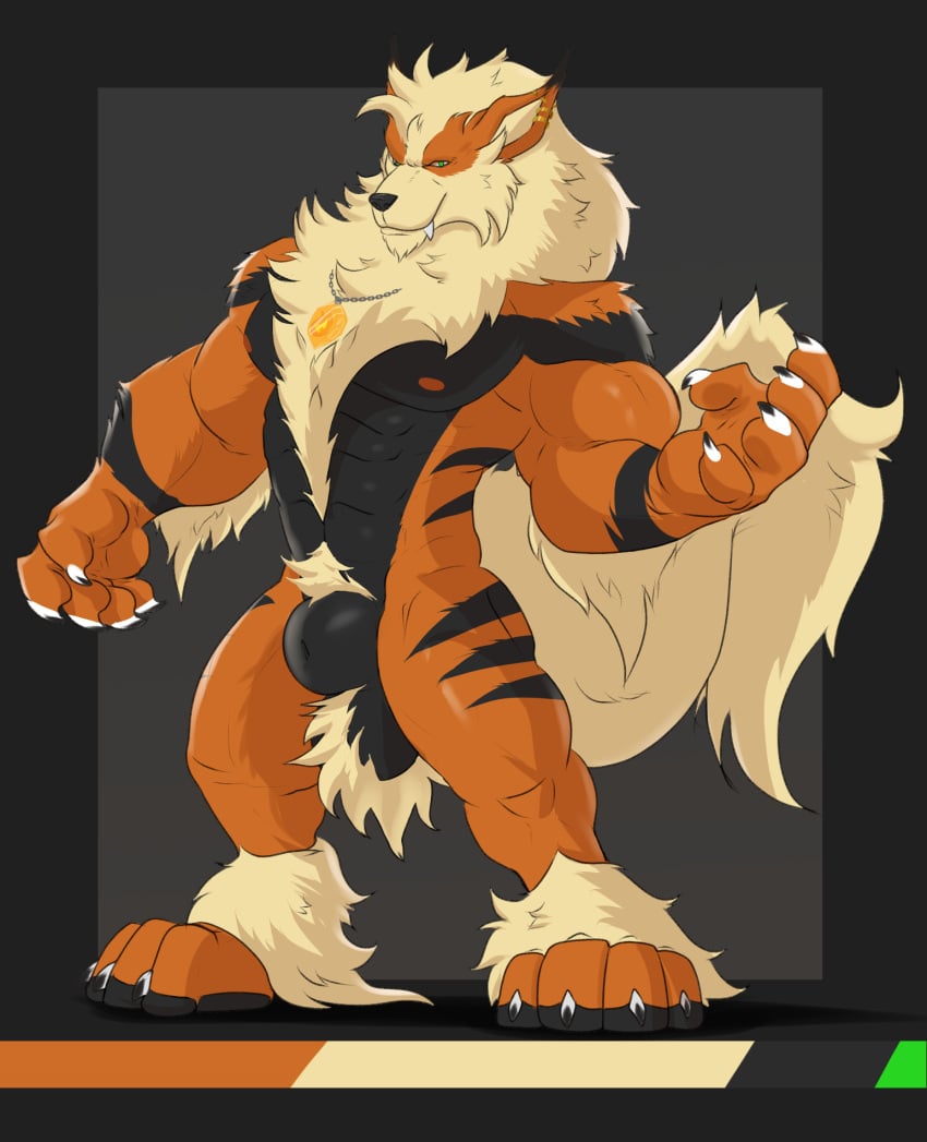 4_toes 5_fingers abs animal_genitalia ankle_tuft anthro arcanine arm_tuft bailey_(dragoneye11) ball_tuft balls biceps big_chest big_muscles black_body black_fur black_nose black_pawpads black_stripes border broad_shoulders cheek_tuft chest_tuft chin_tuft claws color_swatch digitigrade ear_piercing ear_ring elbow_tuft evolutionary_stone facial_tuft feet finger_claws fingers fire_stone fluffy fluffy_tail fur generation_1_pokemon genitals green_eyes grey_background grey_border head_tuft hi_res jewelry leg_tuft looking_at_viewer male mane model_sheet multiple_earrings muscular muscular_anthro muscular_male neck_tuft necklace nintendo nipples nude orange_body orange_fur pawpads paws pecs piercing pokemon pokemon_(species) pubes ring_piercing serratus sheath simple_background smile snaggle_tooth solo standing stripes tail tan_body tan_fur toe_claws toes tuft valentine_eisenberg white_claws