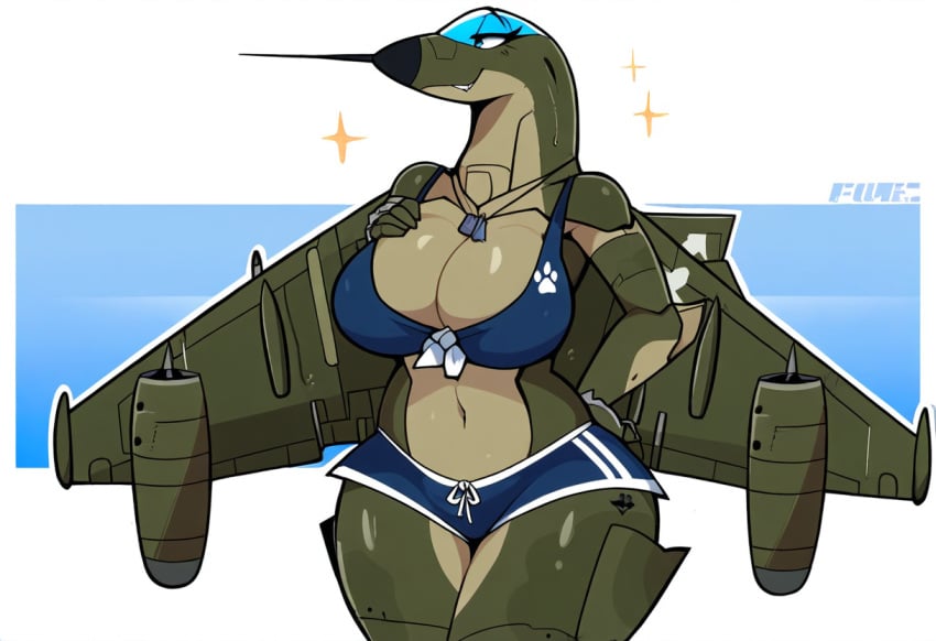 aeromorph ai_generated aircraft airplane anthro big_breasts bottomwear breasts cleavage clothed clothing curvy_figure female hand_on_hip hellsonger hi_res huge_breasts jet living_aircraft living_machine living_vehicle navel non-mammal_breasts shorts simple_background smile solo sparkles standing su-25 sweat swimwear thick_thighs vehicle wide_hips