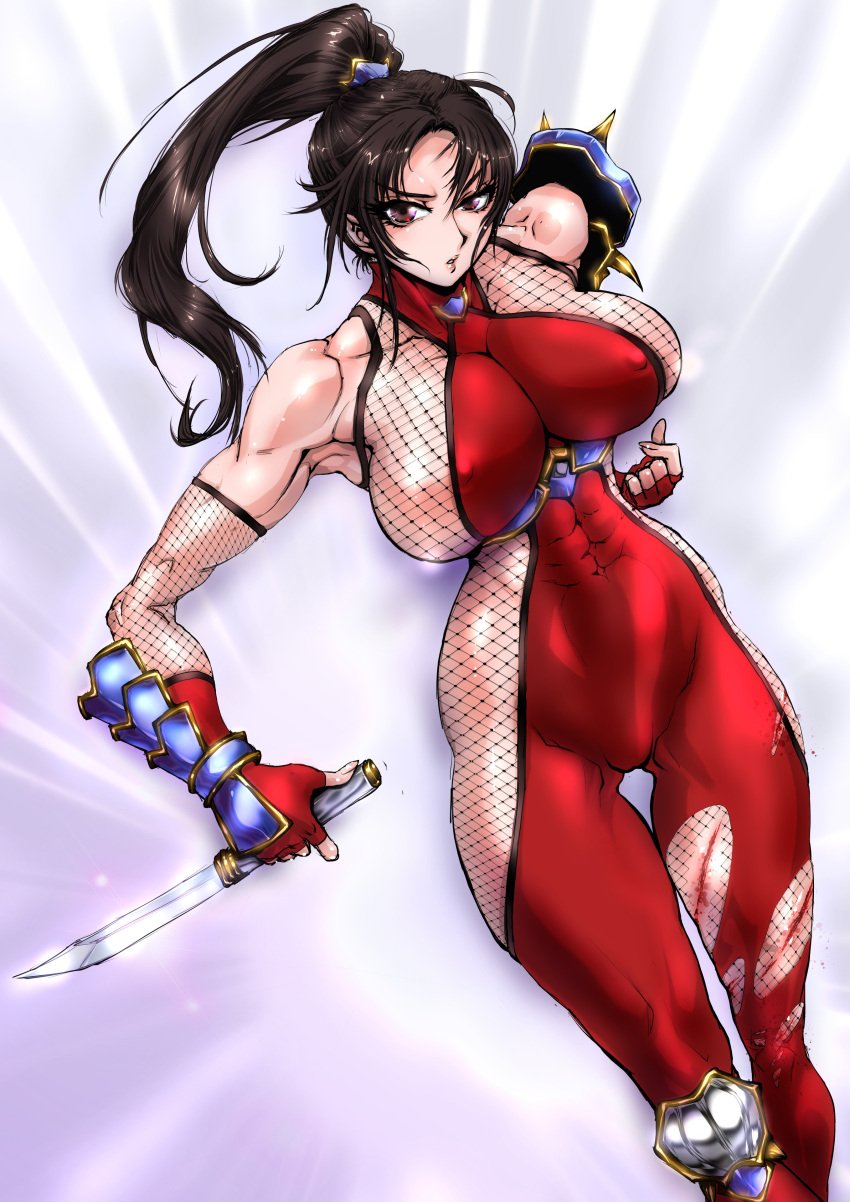 1girls 2022 abs_visible_through_clothing absurd_res big_breasts bodysuit brown_hair female female_only fishnets fit fit_female long_hair looking_at_viewer ninja nipple_bulge ponytail red_bodysuit red_eyes solo soul_calibur taki very_high_resolution wide_hips yuri-ai