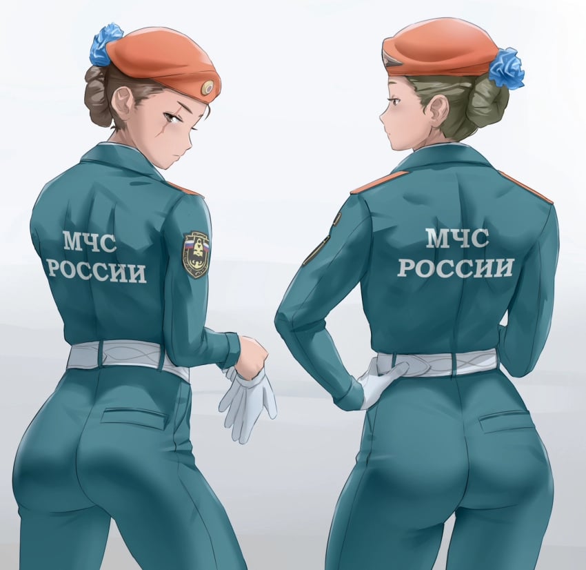 2girls artist_request ass ass_focus beret looking_at_viewer looking_back russian russian_text tagme_(artist) uniform мчс