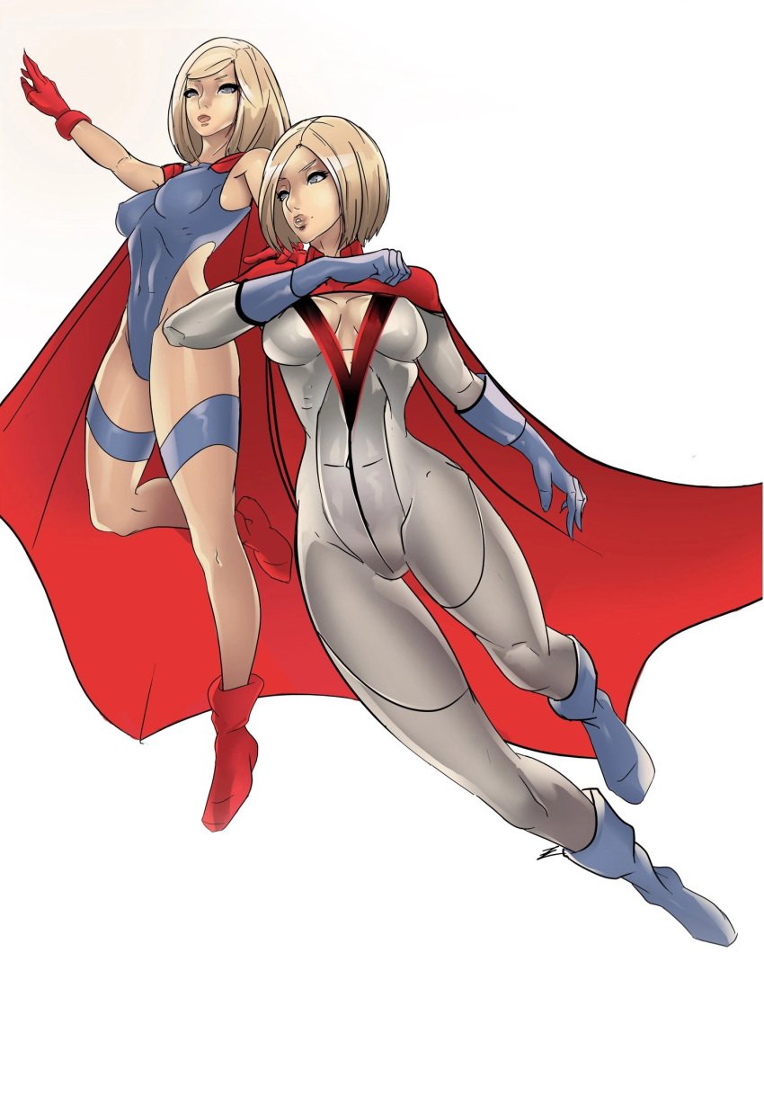 2girls 7zaki blonde_hair blue_eyes cape cleavage dc dc_comics female female_only long_hair nipple_bulge power_girl super_girl supergirl superheroine tomboy