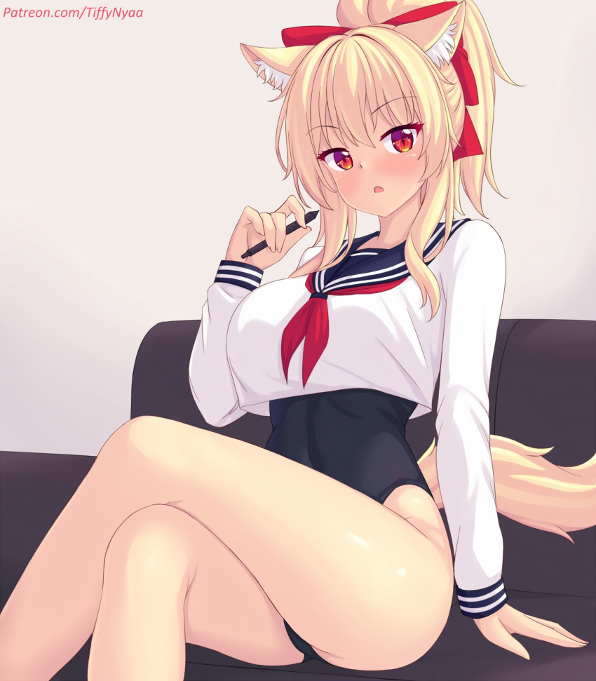 big_breasts blonde_hair breasts cat_ears catgirl crop_top crossed_legs one-piece_swimsuit seifuku tagme thighs tiffy tiffynyaa