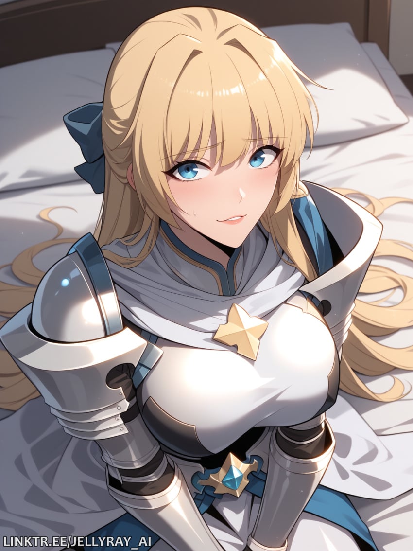 1girls ai_generated armor bangs big_breasts blonde_hair blue_bow blue_eyes blush clothed color from_above hairbow jellyray long_hair looking_at_viewer nervous not_porn safe safe_for_work sfw sitting_on_bed smile solo solo_female solo_focus solo_max_level_newbie teresa_du_laurentia webtoon