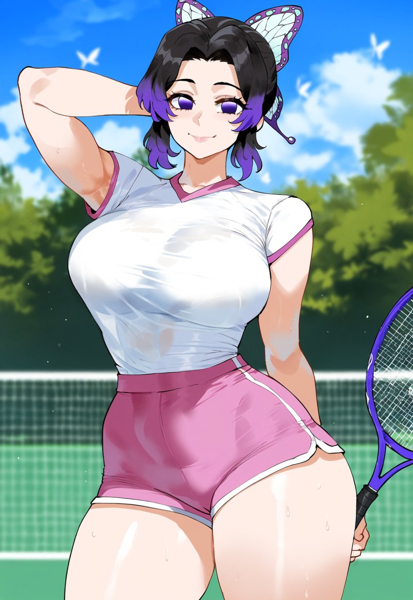 ai_generated black_hair creamy_ai curvy demon_slayer dolphin_shorts kimetsu_no_yaiba kochou_shinobu large_breasts multicolored_hair pink_shorts purple_eyes purple_hair short_shorts shorts tennis_court tennis_racket thick_thighs white_shirt wide_hips