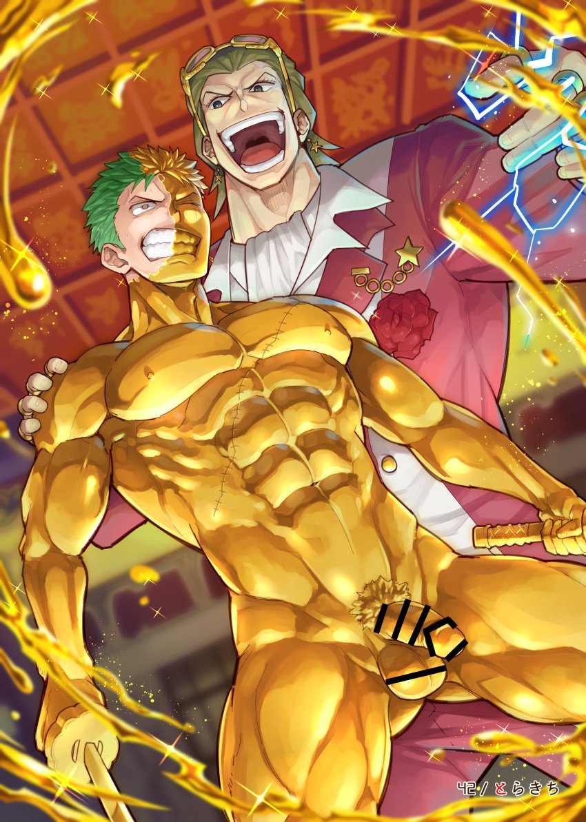 2boys abs balls bara biceps big_mouth censor_bar censored censored_penis censored_testicles coating corsage defeated earrings ebitendon electricity eyelashes flaccid fluids gay gild_tesoro gold green_hair gritted_teeth height_difference hi_res holding_object katana large_chest laugh male male/male male_only medium_hair muscles muscular muscular_arms muscular_legs muscular_male muscular_thighs one_piece one_piece_film_gold pecs petrification pubic_hair quadriceps roronoa_zoro rose scar scar_on_chest scar_on_face short_hair six_pack torakichi_(ebitendon) torakitchen yaoi