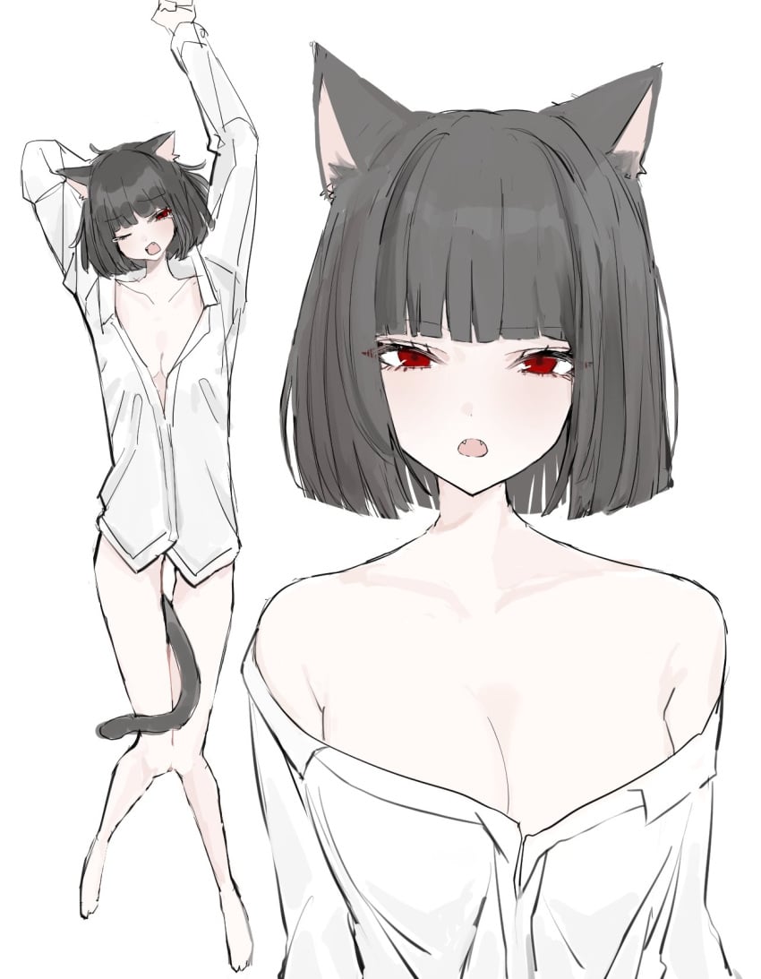 big_breasts black_hair cat_ears cat_tail cleavage fangs laying_down limbus_company loose_clothes loose_shirt noroma_u open_mouth project_moon red_eyes ryoshu_(limbus_company) short_hair tail tail_between_legs white_shirt