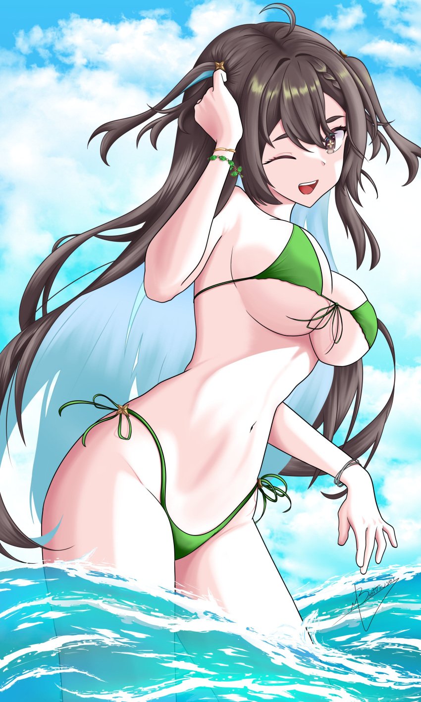 1girls 2d 2d_(artwork) alternate_costume big_breasts bikini bikini_bottom blue_hair bra clouds day female female_focus female_only green_bikini green_bikini_bottom green_bikini_top green_swimsuit grey_hair high_resolution highres idol_corp idol_es latam_virtual_youtuber light-skinned_female light_skin long_hair looking_at_viewer mbattousai meica ocean one_eye_closed outdoors sexy sky slim_girl smiling smiling_at_viewer solo solo_female solo_focus standing standing_in_water summer swimsuit thong thong_bikini two_piece_swimsuit two_tone_hair virtual_youtuber vtuber vtuberfanart water young younger_female