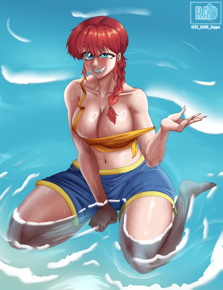 1girls beach blue_eyes blush braided_hair huge_breasts large_breasts ocean radiant_artist ranma-chan ranma_1/2 ranma_saotome red_hair sea shiny_skin shorts smiling solo water wet