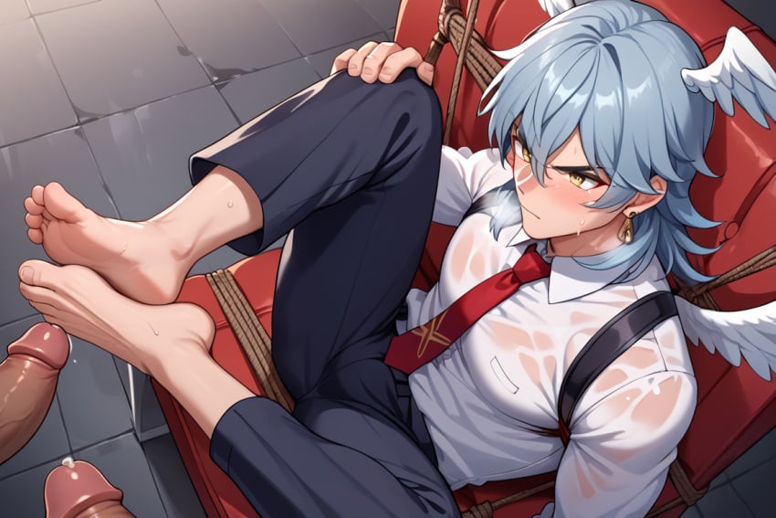 ai_generated angry_face angry_sex bara bara_tits blue_hair blush domination feet_focus feet_together footjob gay gay_domination gay_sex gold_eyes honkai:_star_rail horny_male male_focus male_only red_rope spread_legs sunday_(honkai:_star_rail) sweaty_breasts tied_arms tight_clothing wings wings_on_head yaoi