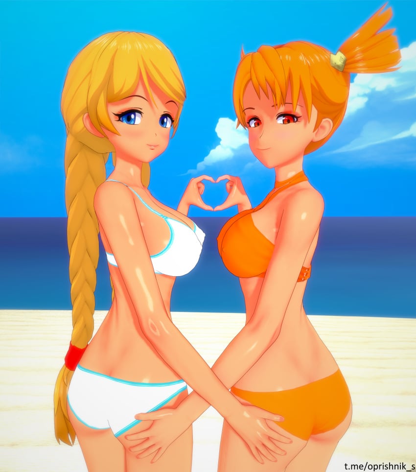 2girls alice_dvachevskaya_(everlasting_summer) beach bikini blonde_hair blue_eyes braid everlasting_summer heart heart_fingers heart_symbol koikatsu light-skinned_female light_skin looking_at_viewer oprishnik-s_(artist) orange_eyes orange_hair slavya-chan slavya-tan slavya_(everlasting_summer) soviet