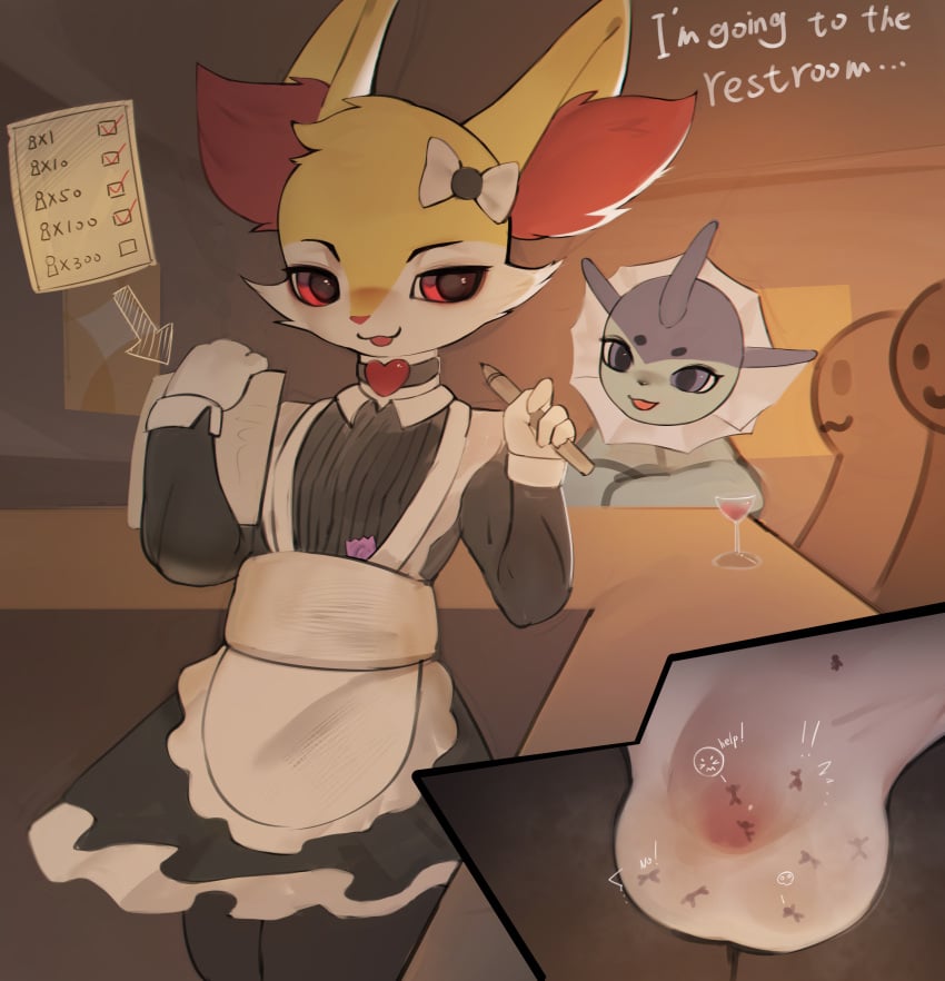 absurd_res anthro braixen canid canine clothing femboy fox fur generation_6_pokemon genitals hi_res macro maid_uniform male mammal micro nintendo open_mouth penis pokemon pokemon_(species) red_eyes smile ti-suger underwear uniform yellow_body yellow_fur