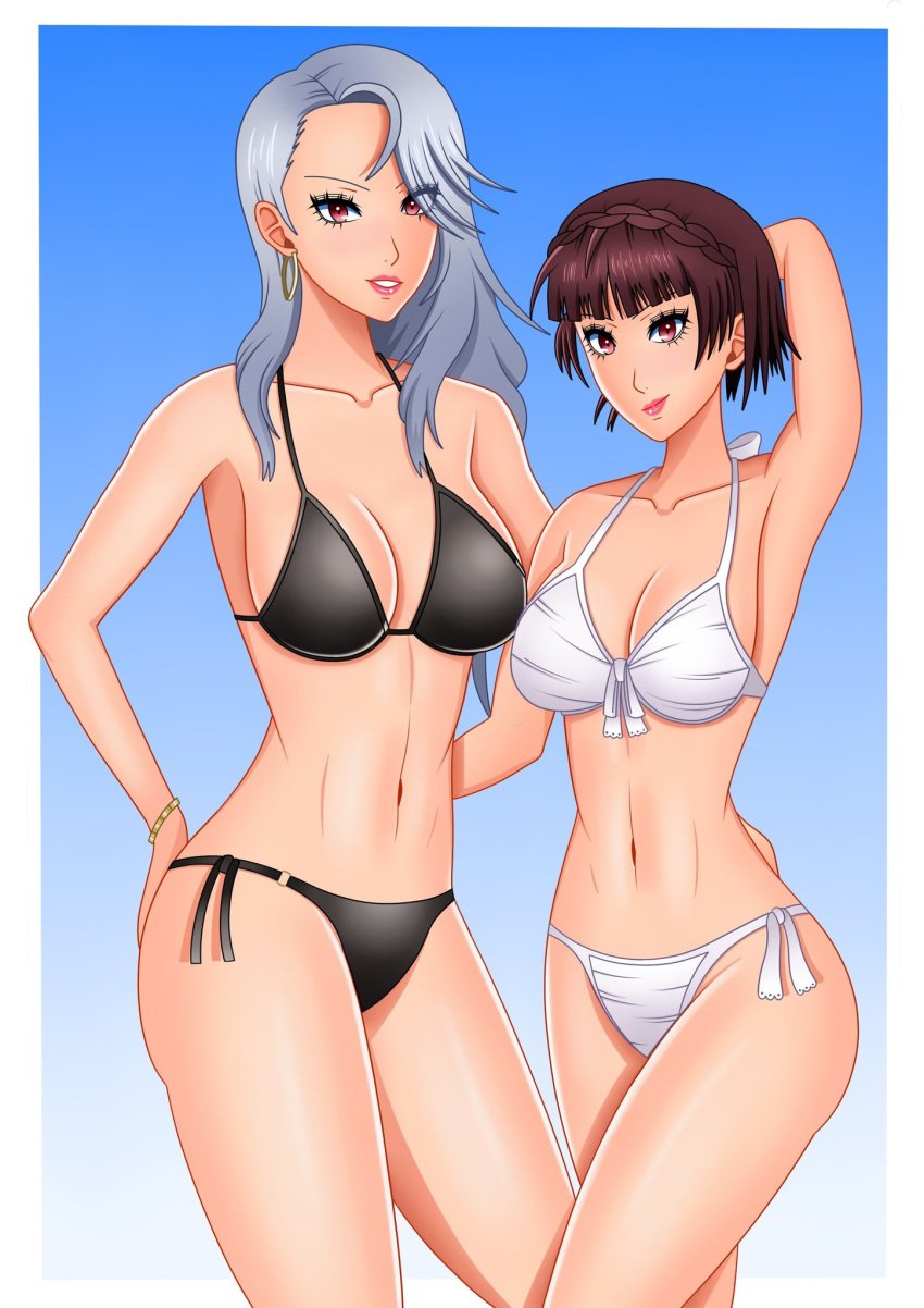 2girls alternate_costume atlus breasts female female_only makoto_niijima persona persona_5 rrl0215 sae_niijima swimsuit