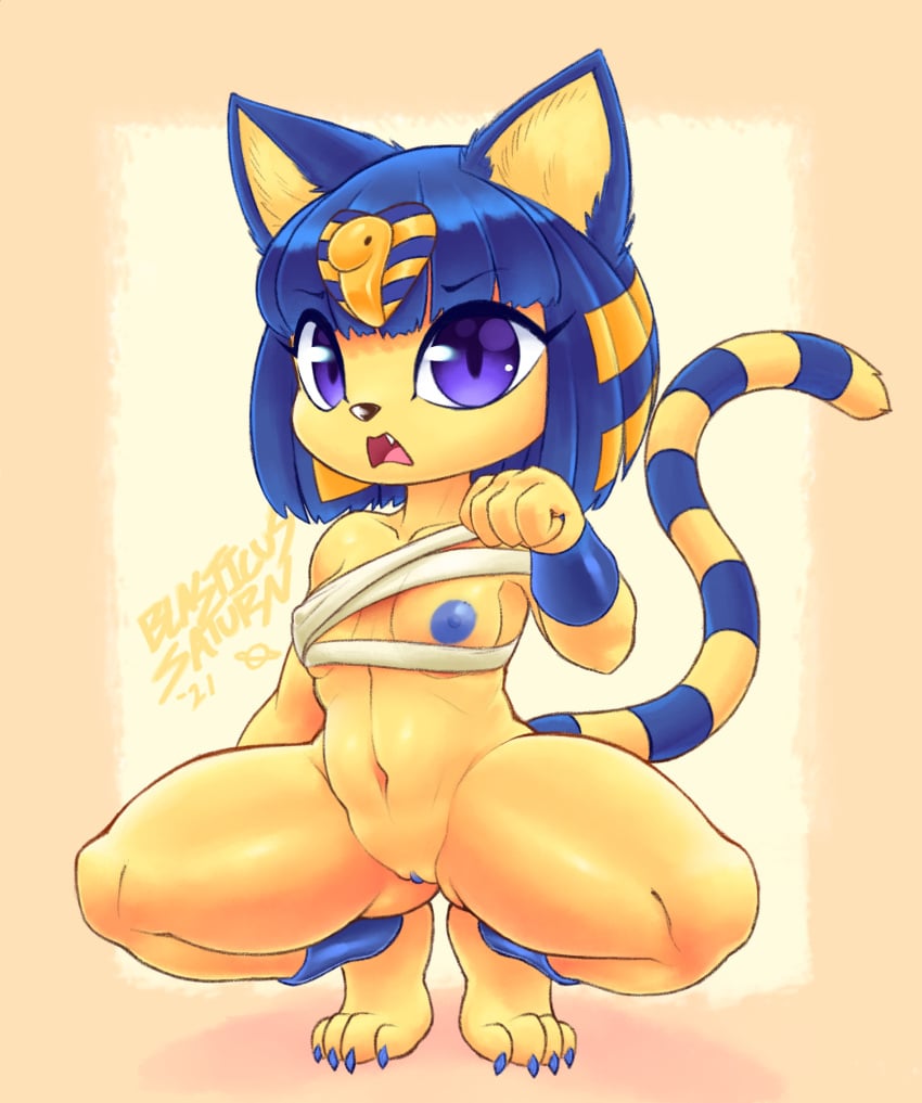 2021 accessory animal_crossing ankha ankha_(animal_crossing) anklet anthro areola barefoot blasticussaturn blue_areola blue_hair blue_nipples bottomless bracelet breasts clothed clothing crouching feet felid feline felis female fur furry furry_only genitals hair hair_accessory hi_res jewelry looking_at_viewer mammal mostly_nude naked nintendo nipples nude open_mouth purple_eyes pussy short_hair signature simple_background small_breasts solo spread_legs spreading tail thick_thighs video_games wraps yellow_body