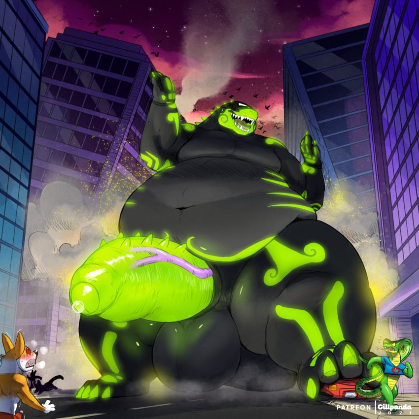 alligator alligatorid anthro balls big_balls big_penis black_body building building_destruction chubby_anthro chubby_male crocodilian crushed_vehicle darkmor genitals gillpanda glowing glowing_genitalia glowing_markings headgear headphones headset hi_res huge_balls huge_cock macro male markings marvol musclegut muscular obese obese_anthro overweight overweight_anthro overweight_male penis reptile scalie solo solo_focus unaware