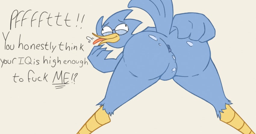 1boy 256:135 anthro anus ass avian backsack balls beak bent_over berdly bird blue_anus blue_balls blue_body blue_feathers bubble_butt butt_focus deltarune dialogue english_text feathers genitals half-closed_eyes hand_on_butt hi_res laugh male male_only narrowed_eyes nude perineum presenting presenting_hindquarters raised_tail rear_view silly_face simple_background smug solo solo_male standing tail_feathers talking_to_viewer teasing text tongue tongue_out undertale_(series) unknown_artist video_games yellow_beak