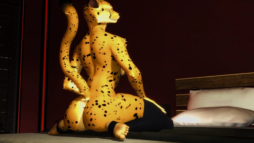 16:9 anthro anus ass big_butt breasts cat_(petruz) cheetah clothing curled_tail digital_media_(artwork) felid feline female fur genitals hi_res kneeling legwear looking_at_viewer mammal nude pussy simple_background smile solo tights video_games viper-desires widescreen