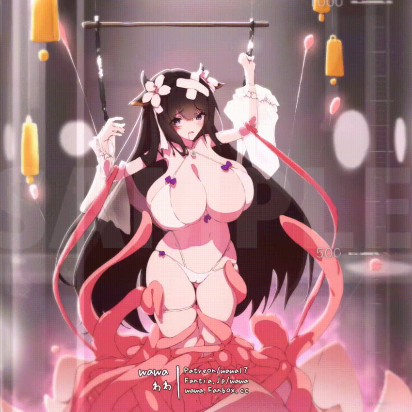 accessory animal_humanoid animated arm_grab azur_lane band-aid bandage big_breasts bikini bikini_bottom bikini_top blush bodily_fluids bouncing_breasts bovid bovid_humanoid bovine bovine_humanoid breasts brown_hair cameltoe cattle_humanoid clothing digital_media_(artwork) drooling female hair hi_res horn horned_humanoid huge_breasts humanoid kashino_(azur_lane) leg_grab leg_rub light_body light_skin lingomogu long_hair mammal mammal_humanoid navel pink_tentacles purple_bow purple_eyes restrained saliva sample skindentation solo swimwear tentacle video_games wawa wawa_(lingomogu) white_bikini white_clothing white_flower white_swimwear