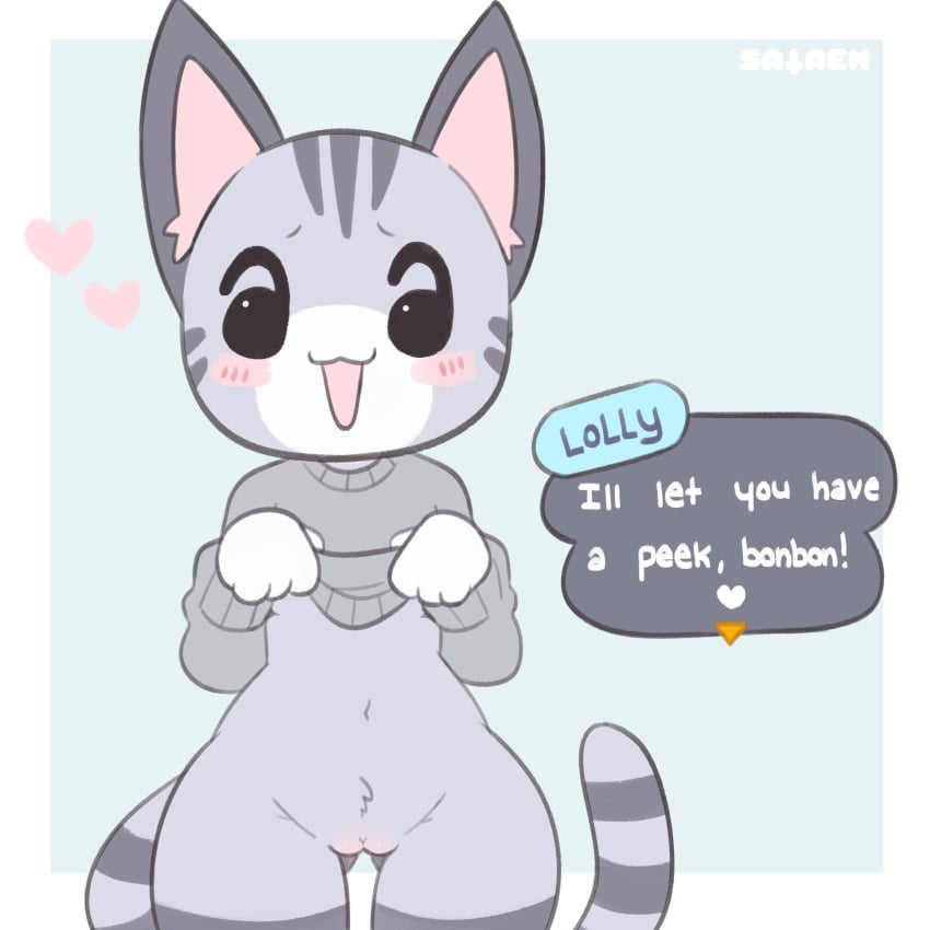 <3 2021 4_fingers :3 absurd_res animal_crossing anthro black_body black_eyes black_fur blush bottomless butt_from_the_front cleft_of_venus clothed clothing clothing_lift cute cute_expression dialogue dialogue_box domestic_cat english_text felid feline felis female fingers front_view fur furry furry_only genitals grey_body grey_clothing grey_fur grey_sweater grey_text_box grey_topwear header heart heart_after_text heart_box hi_res lolly_(animal_crossing) looking_at_viewer mammal markings multicolored_body multicolored_fur navel nintendo open_:3 open_mouth open_smile partially_clothed pussy sataenart simple_background smile solo standing striped_markings striped_tail stripes sweater sweater_lift tail tail_markings talking_to_viewer text text_box text_with_heart thigh_gap topwear video_games watermark white_body white_fur white_text wide_hips