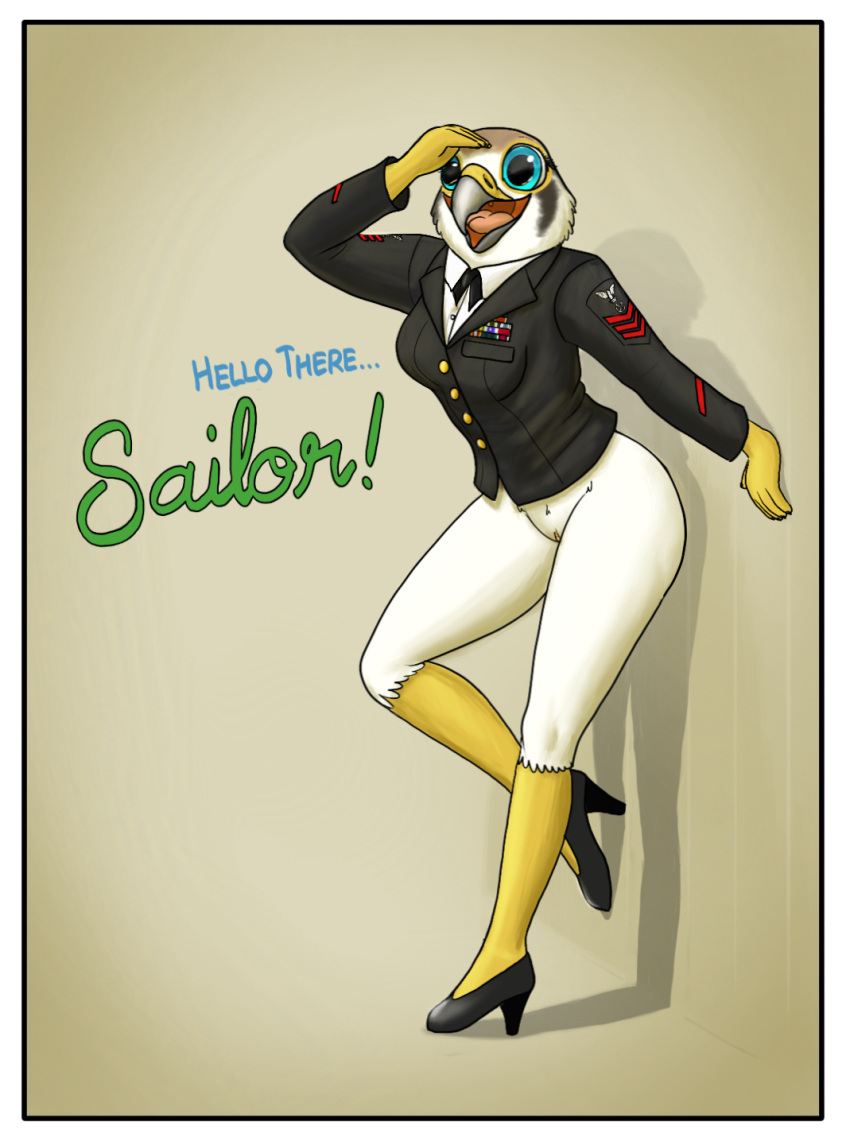 american_kestrel anthro avian bird bottomless breasts clothed clothing evy_(fish_birb) falcon falconid female fish_birb genitals hi_res high_heels kestrel military military_uniform navy navy_uniform no_pants no_underwear pinup pose pussy solo suit u.s._navy uniform