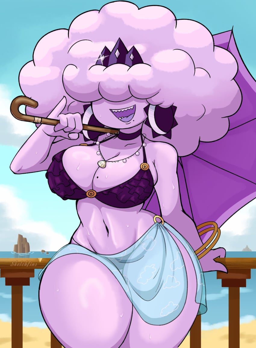 1girls air_creature air_humanoid big_breasts big_hips cloud cloud_creature cloud_humanoid crown female female_only mevia_(sketchfins) partially_clothed pink_body puffy_hair sketchfins solo wet wet_body wet_skin