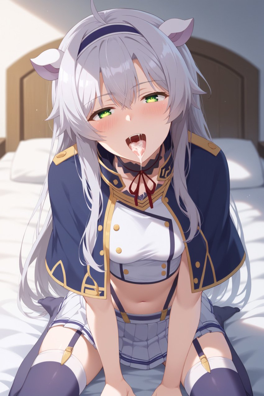 ahoge ai_generated animal_ears bangs bed bed_sheet between_legs blue_capelet blue_thighhighs blurry blurry_background blush breasts buttons capelet crop_top cum cum_in_mouth cum_on_tongue double-breasted female garter_straps green_eyes grey_hair hair_between_eyes hairband half-closed_eyes hand_between_legs indoors long_hair looking_at_viewer medium_breasts midriff miniskirt navel neck_ribbon no_shoes on_bed open_mouth pillow pleated_skirt red_ribbon ribbon rokudenashi_majutsu_koushi_to_akashic_record school_uniform sidelocks sistine_fibel sitting skirt smile solo stomach suspenders thighhighs tongue tongue_out umiaiart very_long_hair wariza white_skirt zettai_ryouiki