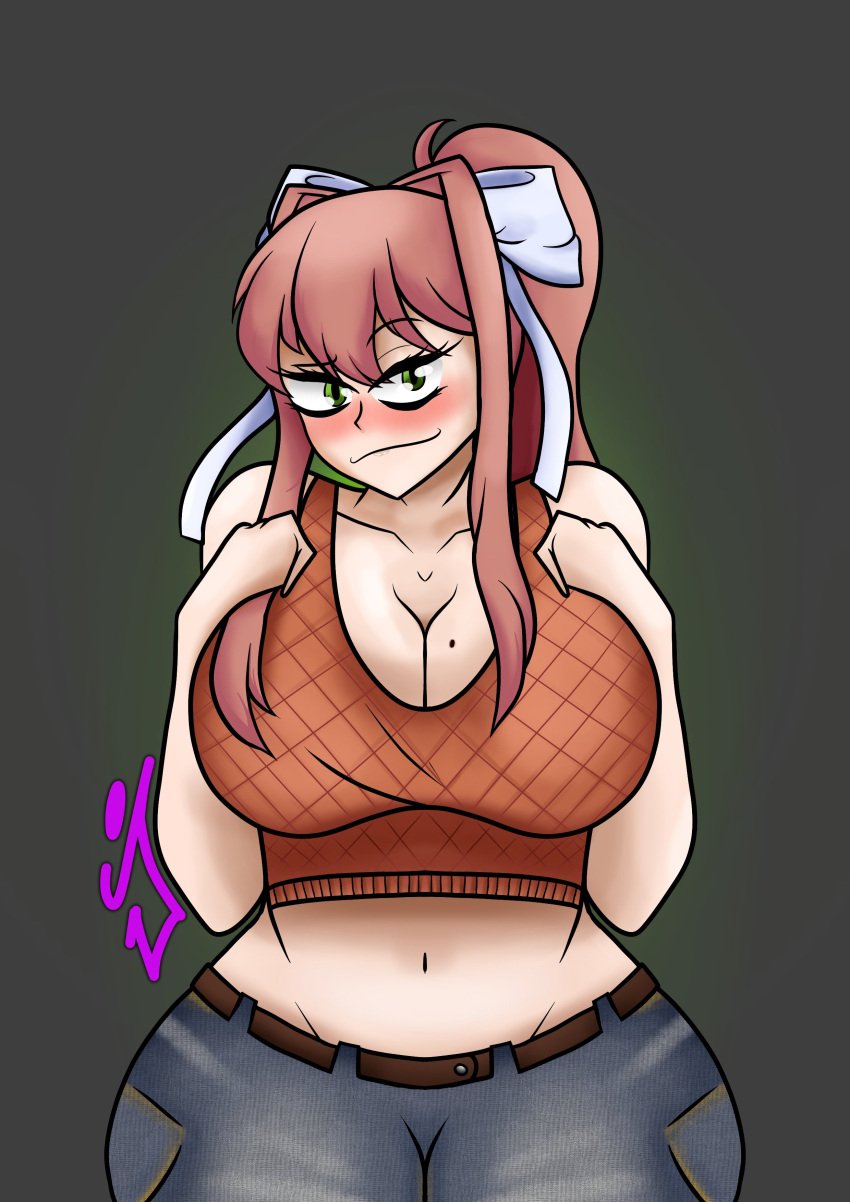 1female 1girls bare_shoulders beauty_mark beauty_mark_on_breasts big_breasts breasts cleavage doki_doki_literature_club green_eyes jimstersrevenge long_hair mole mole_on_breast monika_(doki_doki_literature_club) navel white_bow