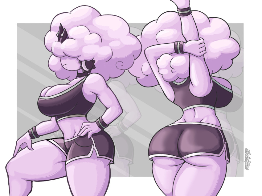 air_creature air_humanoid big_breasts big_hips black_clothing choker cloud cloud_creature cloud_humanoid crown female female_only huge_breasts huge_hips mevia_(sketchfins) partially_clothed pink_body pink_hair pink_skin puffy_hair sketchfins sports_uniform