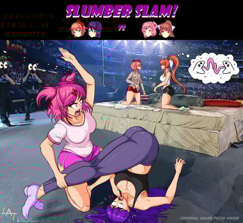 angry angry_expression angry_face ass ddlc doki_doki_literature_club fight fighting fighting_ring french_kiss grabbing_legs inminent_kiss latitude_art monika_(doki_doki_literature_club) natsuki_(doki_doki_literature_club) public sayori_(doki_doki_literature_club) scared scared_expression socks spanking tanktop thick_thighs think_bubble thinking wwe yoga_pants yuri yuri_(doki_doki_literature_club)