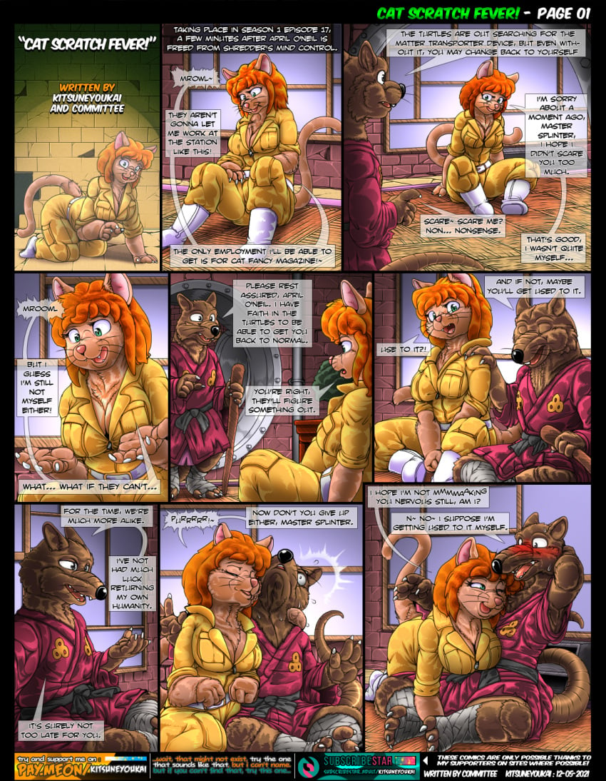 2021 anthro april_o'neil april_o'neil_(mutant) april_o'neil_(tmnt_1987) blush bodily_fluids breasts brown_body brown_fur cleavage closed_eyes clothed clothing comic domestic_cat duo english_text felid feline felis female fur green_eyes hair hi_res jumpsuit kitsune_youkai male male/female mammal master_splinter murid murine one_eye_closed open_mouth page_1 rat red_hair robe rodent speech_bubble sweat tan_body tan_fur teenage_mutant_ninja_turtles text tongue