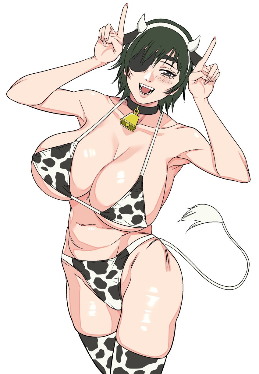 1girls big_breasts chainsaw_man cow_ears cow_print cow_print_bikini cowbell female female_only himeno_(chainsaw_man) huge_ass huge_breasts index_finger_raised keiiii large_breasts thick_thighs thighs