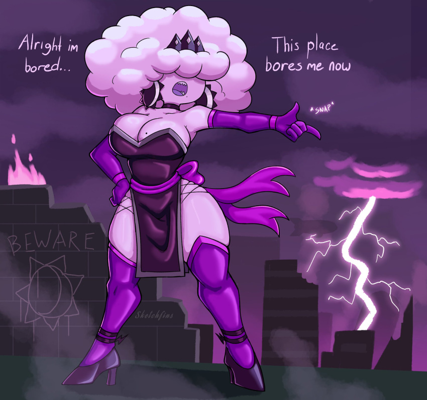 1girls air_creature air_humanoid cloud cloud_creature cloud_humanoid crown dialogue lightning mevia_(sketchfins) partially_clothed sketchfins solo solo_female storm text