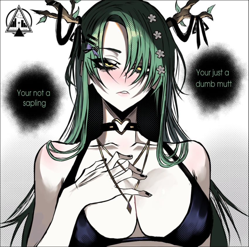 1girls antlers bra breasts ceres_fauna cleavage dialogue dizzle_tan goth goth_girl green_hair hololive hololive_english hololive_english_-council- hololive_english_-promise- horn insult insulting_viewer solo speech_bubble text underwear virtual_youtuber