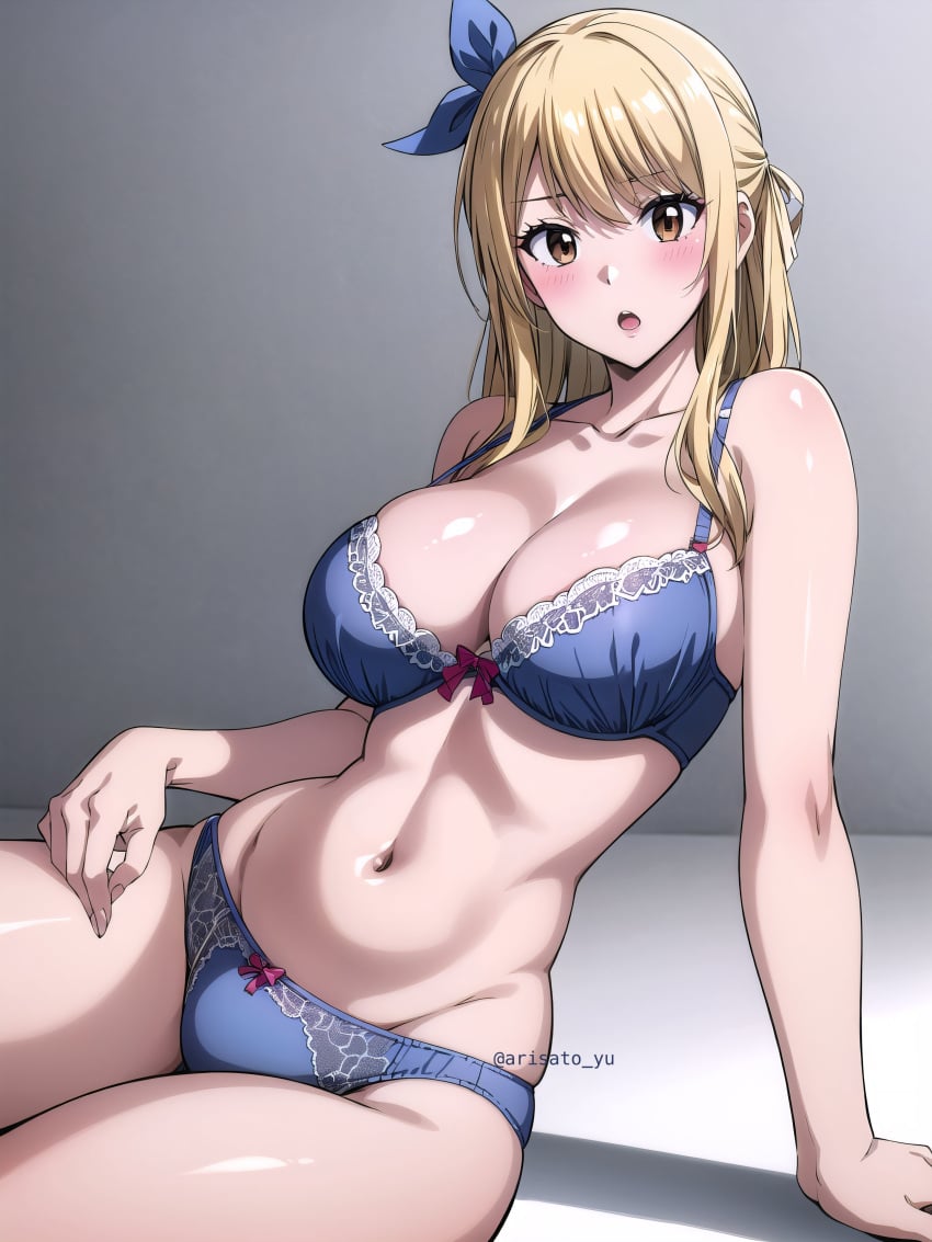 ai_generated arisato_yu big_breasts blonde_female blonde_hair blonde_hair blue_bra blue_lingerie blue_panties blush bra brown_eyes fairy_tail hair_ornament large_breasts lingerie lucy_heartfilia panties