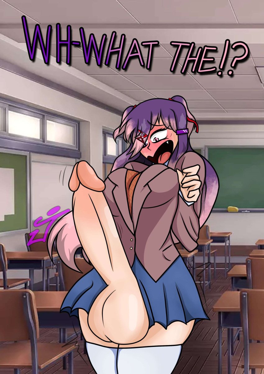 1futa 1futanari art_trade balls big_breasts blue_skirt bodily_fluids bottomless breasts clothed clothing cumshot doki_doki_literature_club english_text erection fusion futa_only futanari huge_cock human jimstersrevenge light-skinned_futanari light_skin long_hair mostly_clothed natsuki_(doki_doki_literature_club) penis purple_hair semen skirt solo standing text yuri_(doki_doki_literature_club)