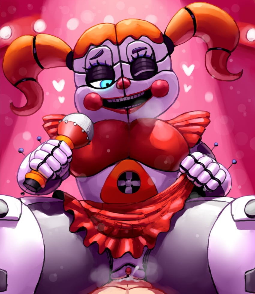 1boy 1boy1girl 2d animatronic baby_(fnafsl) blue_eyes circus_baby circus_baby_(fnaf) circus_baby_(original) clitoris clown clown_girl cowgirl_position cum cum_in_pussy cum_inside eyelashes female five_nights_at_freddy's five_nights_at_freddy's:_sister_location fnaf full_color glowing_eyes happy heart heavy_breathing human larger_female lifting_skirt looking_at_partner male male/female microphone on_top one_eye_closed orange_hair outta_sync pink_background pussy robot robot_girl scottgames sex sister_location size_difference skirt smaller_male smile spotlight thick_thighs twintails vaginal_penetration wink