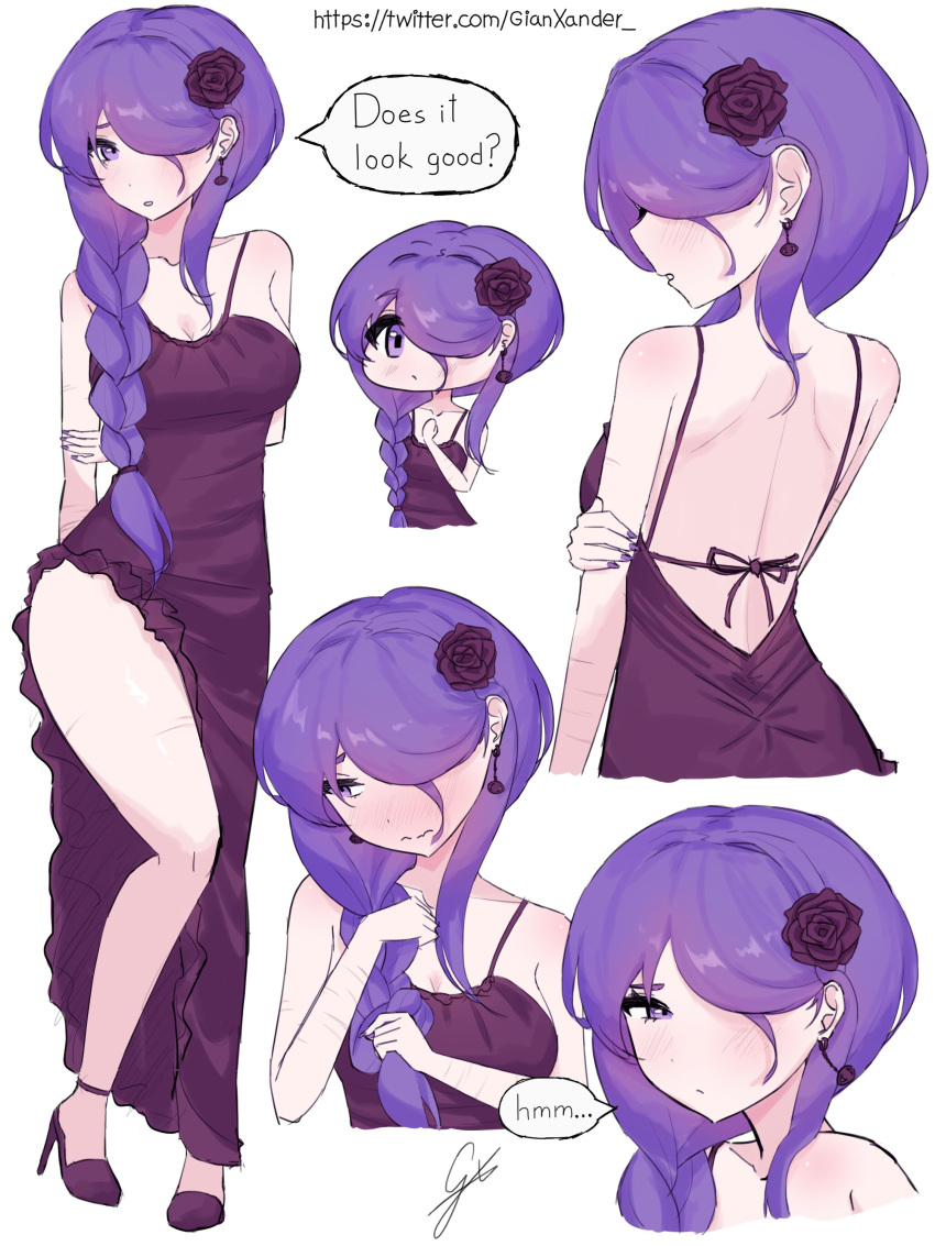 back breasts cleavage doki_doki_literature_club dress english_text female flower flower_in_hair gianxander_ gianxander_ healed_cuts healed_scars heels long_hair one_eye_closed one_eye_covered one_eye_obstructed purple_eyes purple_hair rose rose_(flower) rose_in_hair speech_bubble text text_bubble yuri_(doki_doki_literature_club)