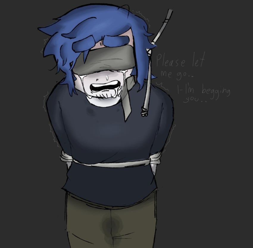 1boy begging begging_for_mercy blindfold blindfolded bondage crying forsaken_(roblox) guest_1337_(forsaken) guest_1337_(the_last_guest) kidnapped kidnapping male nonconsensual peeing peeing_self piss_stain scared shaking tears tied_up urine wet_clothes