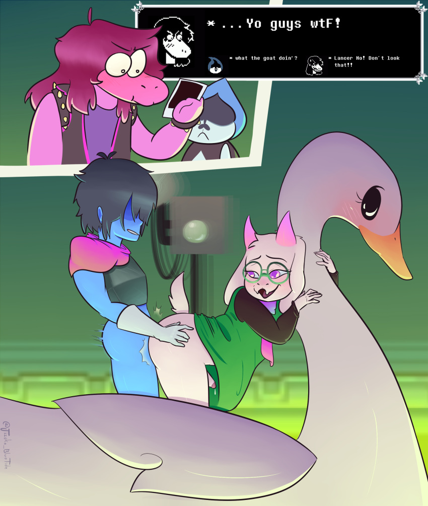 absurd_res anal anal_sex anthro anthro_penetrated bent_over black_hair blue_body blue_clothing blue_hat blue_headwear blue_skin blush boat bodily_fluids bovid camera caprine clothing deltarune deltarune_boat_scene doggy_style eyewear female femboy from_behind_position fur genital_fluids girly glasses goat green_background group hair hat headgear headwear hi_res horn human human_on_anthro human_penetrating human_penetrating_anthro interspecies jizuke_bluetide kris_(deltarune) lancer_(deltarune) male male/male mammal meme penetration picture_frame precum purple_body purple_eyes purple_hair purple_skin ralsei scalie sex simple_background susie_(deltarune) swan_boat text_box undertale_(series) vehicle video_games watercraft white_body white_fur