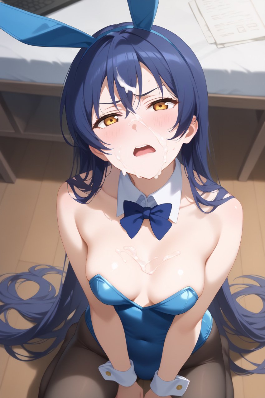 ai_generated animal_ears bangs bare_shoulders between_legs black_pantyhose blue_bow blue_bowtie blue_hair blue_leotard blush bow bowtie breasts bukkake cleavage collarbone covered_navel cum cum_on_body cum_on_breasts cum_on_hair detached_collar facial fake_animal_ears female hair_between_eyes hand_between_legs indoors leotard long_hair looking_at_viewer love_live! love_live!_school_idol_project medium_breasts open_mouth pantyhose playboy_bunny rabbit_ears sitting small_breasts solo sonoda_umi strapless strapless_leotard teeth umiaiart upper_teeth_only very_long_hair wariza wrist_cuffs yellow_eyes